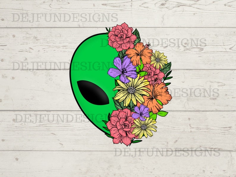 May include: Green alien head with a floral crown of pink, yellow, orange, and purple flowers. The flowers are drawn in a vintage style.