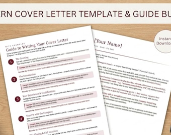May include: A modern cover letter template and guide bundle featuring white documents with black text, including sections titled Guide to Writing Your Cover Letter and Your Name. The bundle includes recruiter tips and is in an editable format.