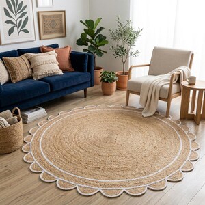 Round Jute Rug, Scalloped Border, Boho Farmhouse Braided Area Rug image 3
