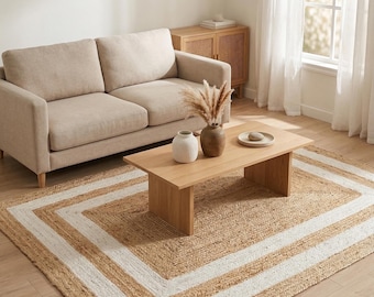 Handmade Striped Jute Rug | Natural White Boho Farmhouse Area Carpet
