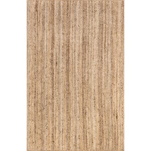 May include: A rectangular, natural-toned jute rug. The rug features a woven design with vertical lines, showcasing a blend of light and dark brown hues. The texture appears coarse and durable, suitable for high-traffic areas.