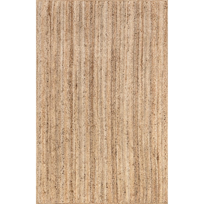May include: A rectangular, natural-toned jute rug. The rug features a woven design with vertical lines, showcasing a blend of light and dark brown hues. The texture appears coarse and durable, suitable for high-traffic areas.