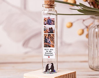 Anniversary Photo Gift –Personalised Message in a Bottle –Gift For Him, for Her – Photo Booth Style - Penguins Forever Valentines Day Gifts