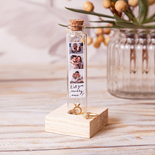 Will you Marry Me Photo Gift Proposal Ring Gold Glitter Custom Wedding Personalised Message in a Bottle Gift for Her Him Creative Marriage