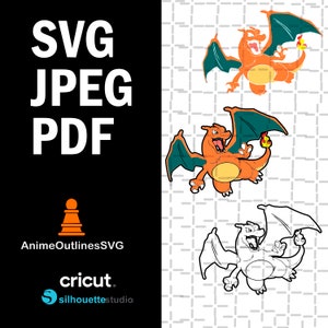 May include: A digital download of a cartoon illustration of a red and orange dragon with green wings. The dragon is shown in three different versions: colored, outlined, and black and white. The image includes the text "SVG JPEG PDF" and "AnimeOutlinesSVG".