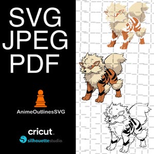 Peut inclure: Illustration numérique présentant trois représentations d'une créature canine. Deux sont colorées en orange, marron et crème, tandis que la troisième est un contour noir et blanc. L'image comprend le texte "SVG JPEG PDF" et "AnimeOutlinesSVG".