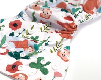 Pocket Cloth Diaper in "Tropical Hangout" Sloth Pattern w/ White Microsuede Liner (includes 3-layer insert)