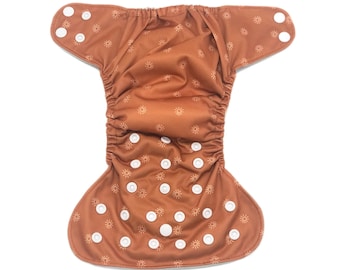 Newborn All-In-One (AIO) Cloth Diaper with Pocket in "Terracotta Sunshine" Print + 4-layer Insert