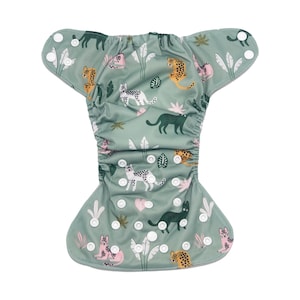 Newborn All-In-One (AIO) Cloth Diaper with Pocket in "Wild Cat" Pattern + 4-layer Insert