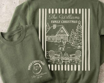 Sudaderas navideñas familiares personalizadas con nombre, camisetas navideñas a juego, suéteres familiares a juego en colores cómodos.