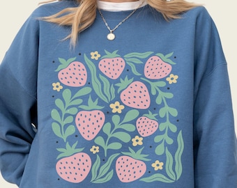 Strawberry Sweatshirt, Cottagecore Garden Botanical