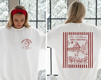 Sudaderas navideñas familiares personalizadas con nombre, camisetas navideñas a juego, suéteres familiares a juego en colores cómodos.