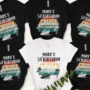 May include: Six black and white t-shirts with a retro sunset graphic and the text "Mark's 50th Birthday Cruise Squad".