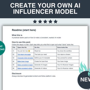 May include: A digital document titled "Create Your Own AI Influencer Model" with a table outlining steps. Includes "Instant Download" and "NEW" badges. The document provides instructions on creating AI-generated content.