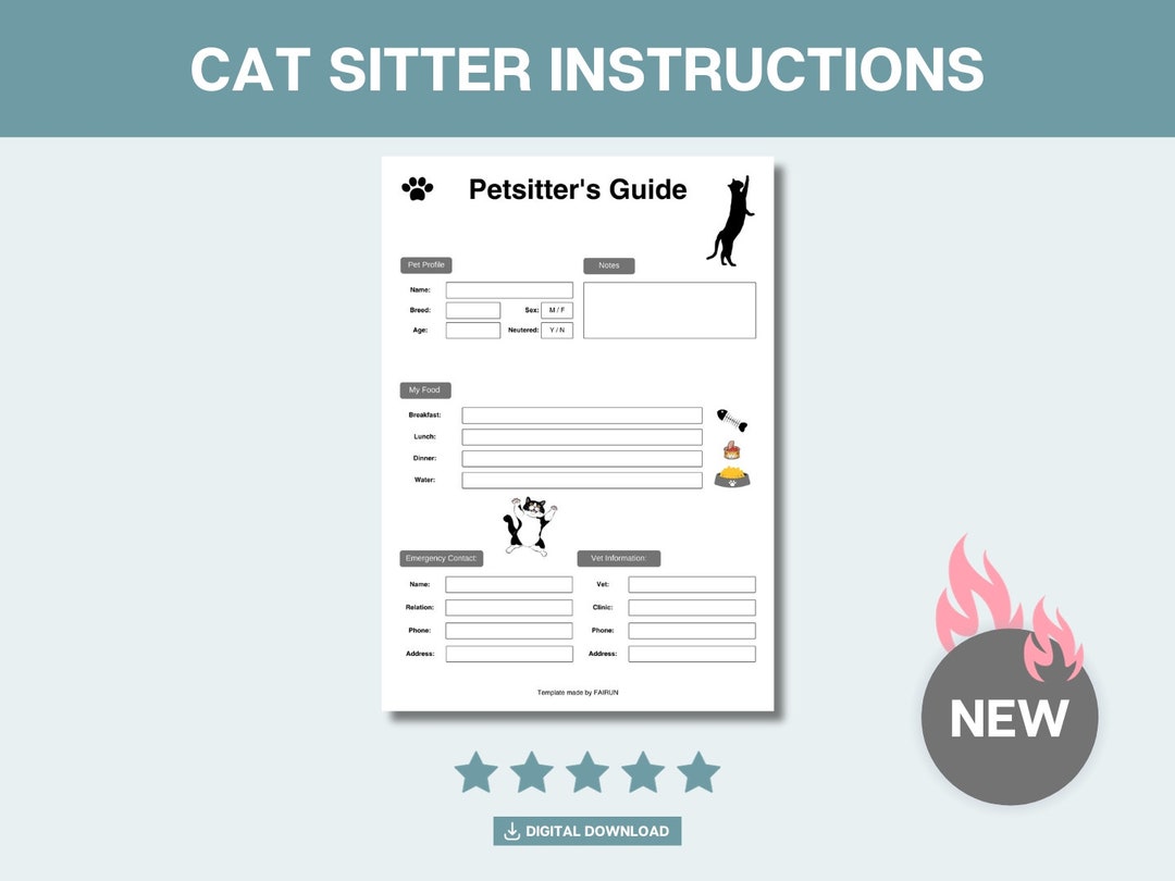 Cat Sitter Instructions Printable PDF Pet Sitting Notes & Checklist Cat Sitter Instructions Printable PDF Pet Sitting Notes & Checklist