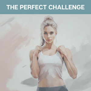 Determined woman following exercises from FAIRUN's 30-day workout challenge PDF.