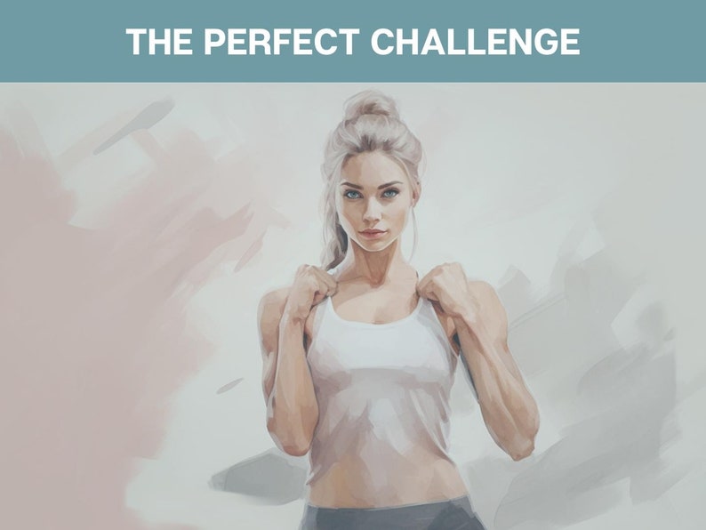 Determined woman following exercises from FAIRUN's 30-day workout challenge PDF.