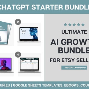 May include: A digital marketing bundle for Etsy sellers using ChatGPT. The bundle includes an ebook, a spreadsheet template, and a guide to using AI for Etsy growth. The bundle is available for instant download.