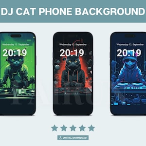 Peut inclure: Trois fonds d'écran de téléphone représentant un chat DJ avec une table de mixage et des écouteurs. Le premier fond est vert, le second est rouge et le troisième est bleu.