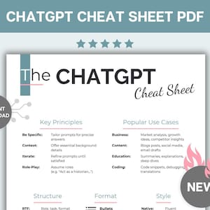 May include: A pink and gray cheat sheet with the text "The ChatGPT Cheat Sheet" in black. The cheat sheet is divided into three sections: Key Principles, Popular Use Cases, and Structure, Format, Style. The cheat sheet provides tips for using ChatGPT effectively.