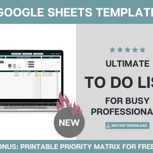 Op de afbeelding: Een laptopcomputer die een Google Sheets-sjabloon voor een to-dolijst weergeeft. De sjabloon heeft een kalender, voortgangsbalken en een sectie voor taken. De tekst "ULTIMATE TO DO LIST FOR BUSY PROFESSIONALS" wordt weergegeven in grote, vetgedrukte letters. De tekst "NEW" wordt weergegeven in een rode cirkel met een vlamontwerp. De tekst "INSTANT DOWNLOAD" wordt weergegeven in een blauwe knop met een downloadpictogram.