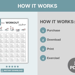 Step-by-step guide for FAIRUN's workout challenge: Purchase, Download, Print, and Exercise.