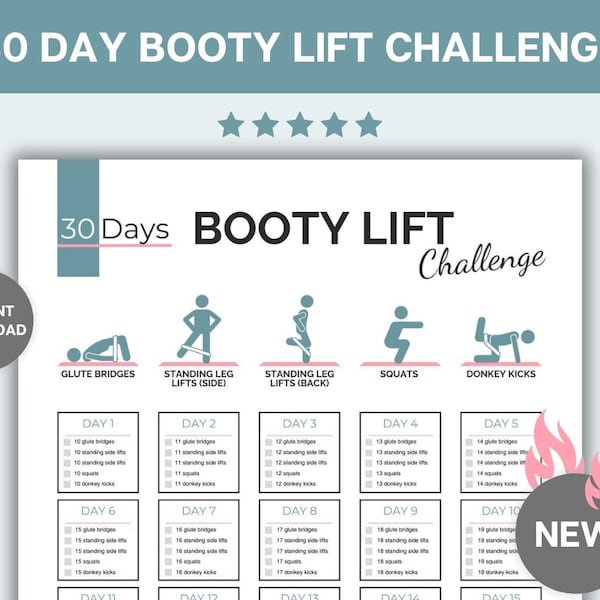 30 Day Booty Lift Challenge: Toned Body & Glute Focused Workout, Printable Butt Exercises, Beauty Fitness Plan