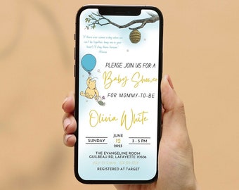 Winnie The Pooh Evite, Classic Winnie the Pooh Baby Shower Evite Invitation, Editable Template, Electronic Invitation, Shower Evite