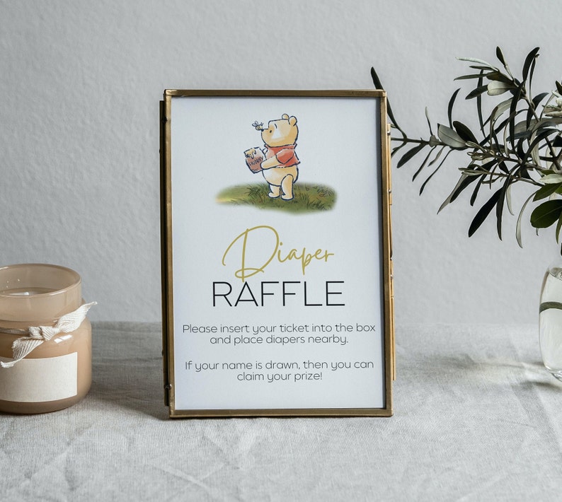 Winnie the Pooh Diaper Raffle Sign & Ticket Bundle, Pooh Bear Bring A