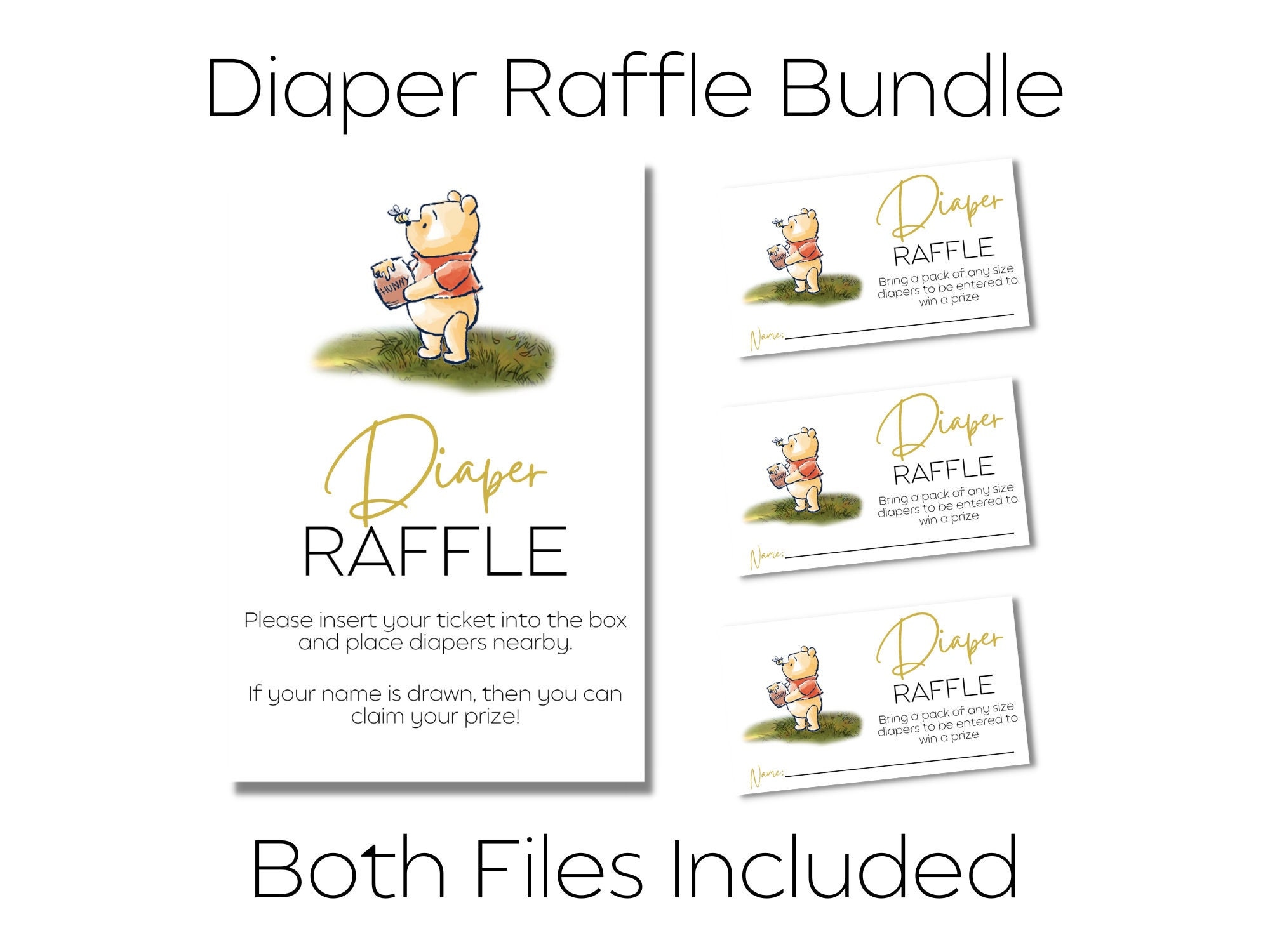 Winnie the Pooh Diaper Raffle Sign & Ticket Bundle, Pooh Bear Bring A