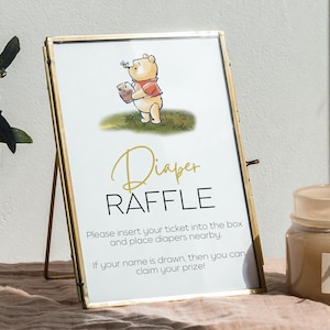 Winnie The Pooh Windelverlosung Zeichen & Ticket Bundle, Pooh Bär bringen eine Packung Windeln Baby Shower Spiel, Minimal Platzieren Sie Ihre Windeln hier Zeichen