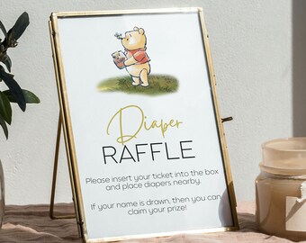 Winnie The Pooh Windelverlosung Zeichen & Ticket Bundle, Pooh Bär bringen eine Packung Windeln Baby Shower Spiel, Minimal Platzieren Sie Ihre Windeln hier Zeichen