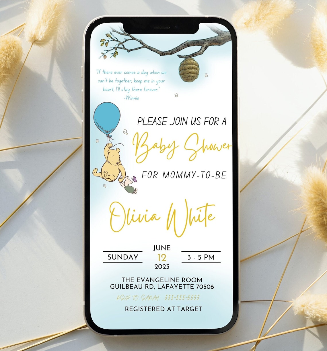 Winnie the Pooh Evite, Classic Winnie the Pooh Baby Shower Evite