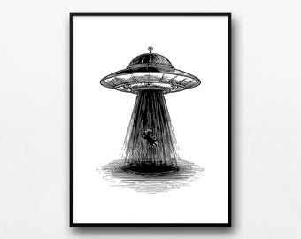 Print ufo-kat: grappige poster vliegende schotel (digitale download)