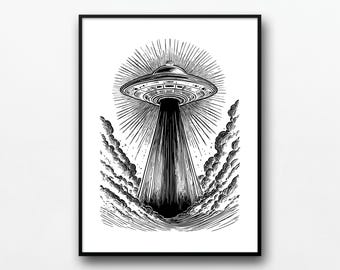 Impresión artística de boceto de OVNI: Platillo volador de ciencia ficción (descarga digital)