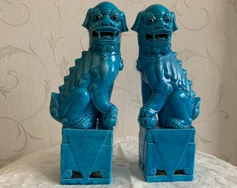 Foo Dogs - Vintage Pair Chinese Turquoise Porcelain/ceramic Foo Dogs Temple Lions