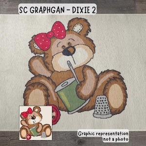 Patrón de ganchillo Dixie para una acogedora manta afgana hecha con sc graphgan - osito de peluche con herramientas de costura