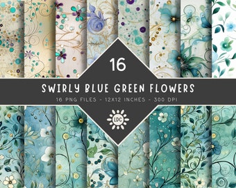 16 Swirly Blue Green Flowers Digital Scrapbook Backgrounds DIY Crafts Printable Scrapbook Papers Digital Crafting 12x12 inches 300dpi