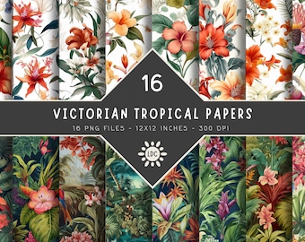 16 Victorian Tropical Digital Scrapbook Backgrounds DIY Crafts Printable Scrapbook Papers Digital Crafting 12x12 inches 300dpi