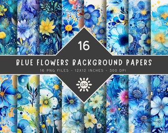 16 Blue Flowers Digital Scrapbook Backgrounds DIY Crafts Printable Scrapbook Papers Digital Crafting 12x12 inches 300dpi