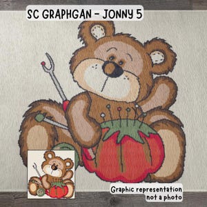 Patrón de ganchillo Jonny para una acogedora manta afgana hecha con sc graphgan - osito de peluche con herramientas de costura