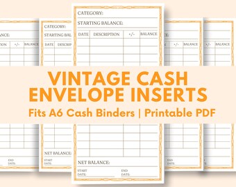A6 Vintage Cash Envelope Savings Inserts Budgeting Inserts Cash Trackers Printable insert Cash Spending Log Spending Tracker Expense Tracker