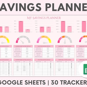 May include: A pink and yellow Google Sheets spreadsheet template for a savings planner. The template includes 30 trackers for different savings goals, such as honeymoon, down payment, vacation, and emergency funds. The spreadsheet also includes progress bars and charts to track savings progress.