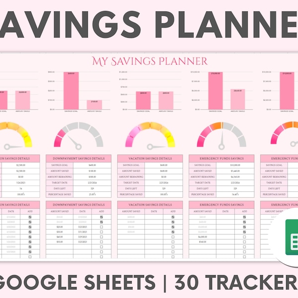 Digital Savings Planner Spreadsheet Pink Google sheets Savings Template Progress Tracker Sheet Savings Goal Tracker Digital budget Planner