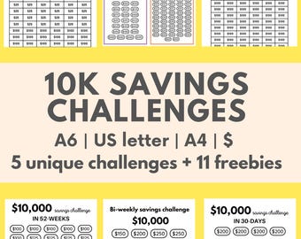 Puede incluir: Un fondo amarillo con texto negro que dice "10K SAVINGS CHALLENGES" y "A6 | US letter | A4 | € 5 desafíos únicos + 11 regalos gratis". Hay cinco tablas imprimibles con texto negro sobre fondo blanco. Cada tabla es un desafío de ahorro para ahorrar 10.000 € en diferentes plazos. Las tablas se titulan "ahorra 10.000 € en cien días", "Desafío de ahorro quincenal 10.000 €", "10.000 € en 52 semanas", "Desafío de ahorro quincenal 10.000 €" y "Desafío de ahorro de 10.000 € en 30 días".