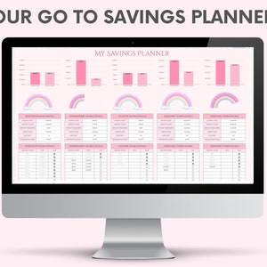 May include: A digital savings planner with a pink and white color scheme. The planner includes charts, tables, and sections for tracking savings goals for a honeymoon, down payment, vacation, and emergency fund. The planner has a title that says "My Savings Planner".