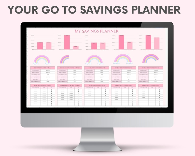 May include: A digital savings planner with a pink and white color scheme. The planner includes charts, tables, and sections for tracking savings goals for a honeymoon, down payment, vacation, and emergency fund. The planner has a title that says "My Savings Planner".