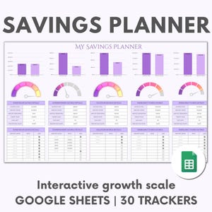 Puede incluir: Un planificador de ahorros de Google Sheets imprimible con 30 rastreadores. El planificador presenta un esquema de color morado y rosa con una barra de progreso para cada objetivo de ahorro. Los objetivos de ahorro incluyen luna de miel, pago inicial, vacaciones y fondo de emergencia.