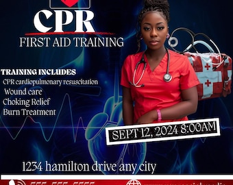 May include: An advertisement for CPR and First Aid Training. The image features a woman in a red medical uniform with a stethoscope, and a medical bag. The text includes "CPR First Aid Training" and the date and time of the training.