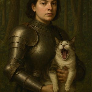 May include: A portrait of a person in medieval armor holding a yawning tabby cat. The person has short brown hair and a serious expression. The background is a blurred forest scene, with tall trees and green foliage.